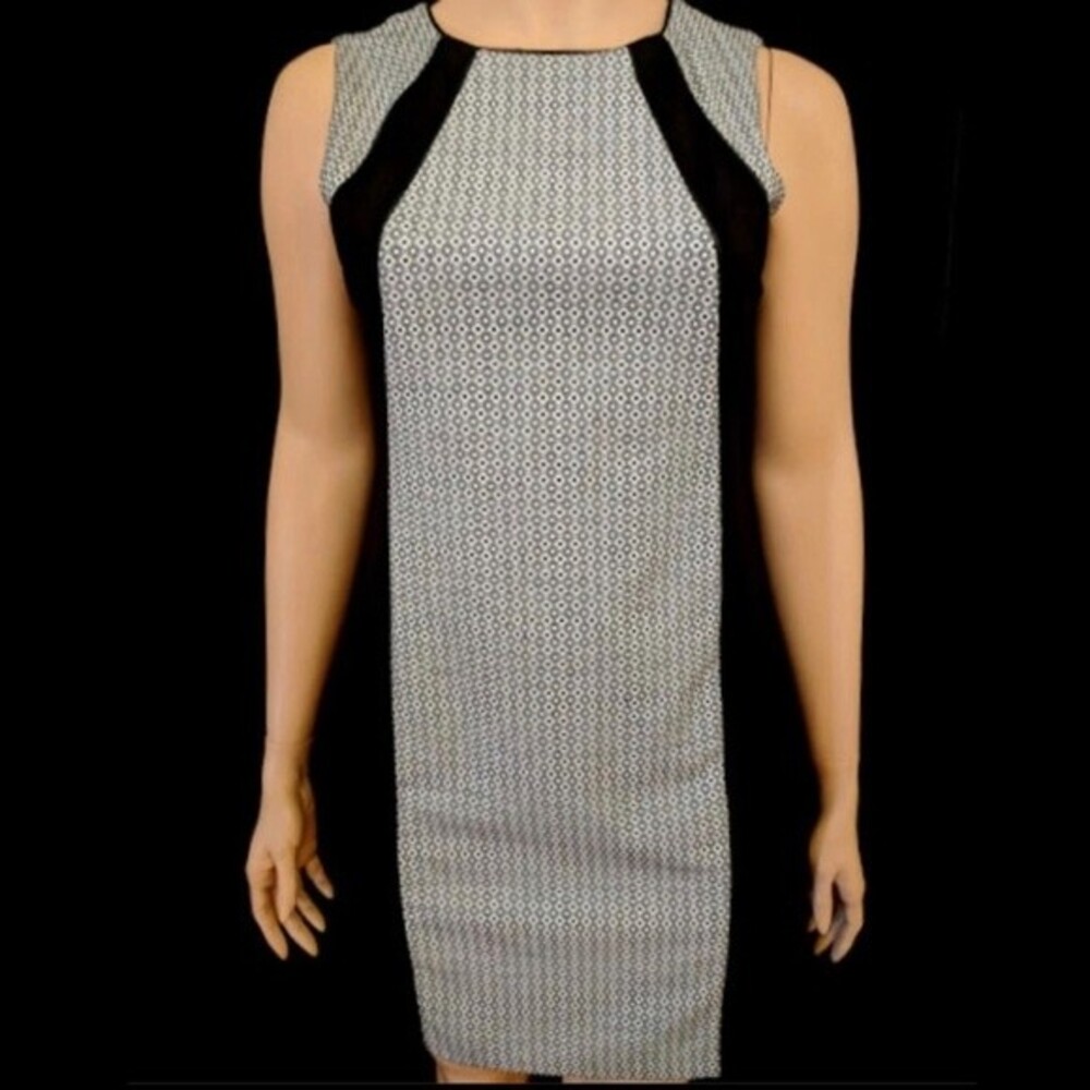 Peter Nygard black and white geo print with leather piping sheath dress size 14